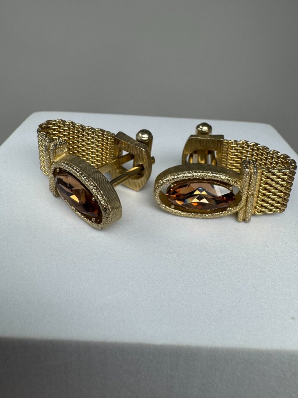 Vintage Gold Tone Mesh Wrap Cufflinks Amber Glass Mid-Century